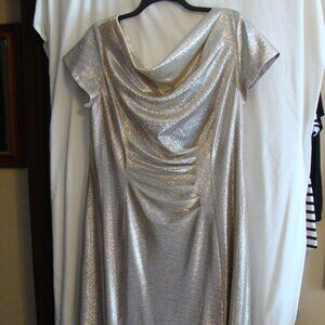 TAHARI Golden Beige Short Sleeve DRAPED Neck RUCHED Dress Sz 16W